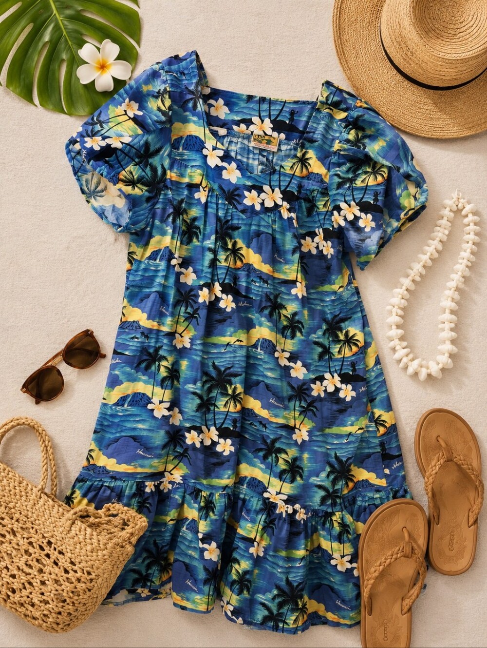 Vtg Winnie Fashion Blue Tropical Hawaiian S Sleeve MUMU dress. Ladies XL